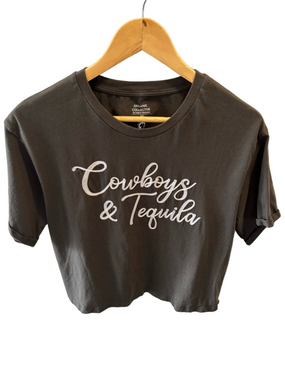 Organic Collective Cowboys & Tequila Cropped Short Sleeve T-Shirt M Embroidered